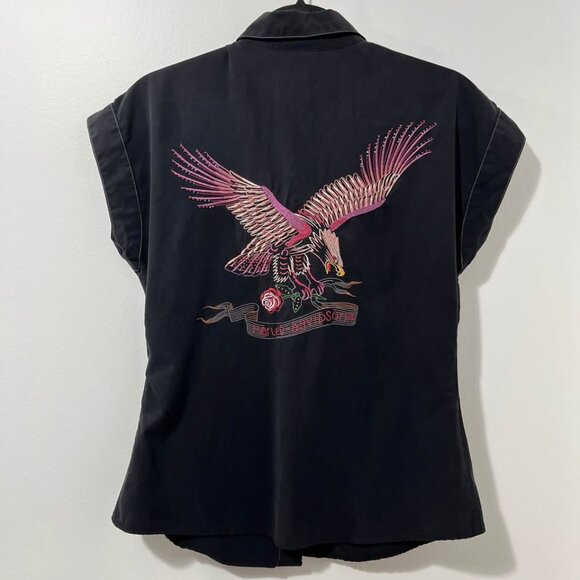 Harley-Davidson Women’s Silk Button-Down Shirt, Eagle + Rose On Back [size S] - Picture 1 of 10